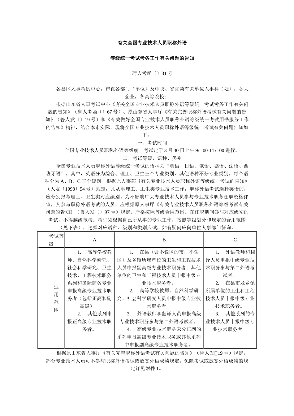 2025年关于全国专业技术人员职称外语等级统一考试考务工作有关问题的通知_第1页