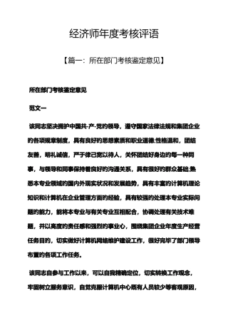 2025年评语大全之经济师年度考核评语