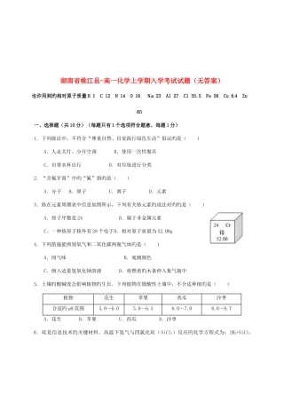 2025年湖南省桃江县高一化学上学期入学考试试题无答案