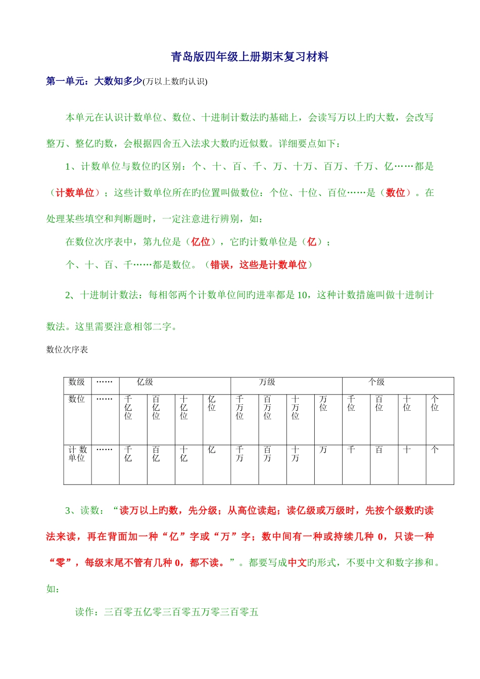 2025年新青岛版四年级数学上册全册知识点归纳材料_第1页