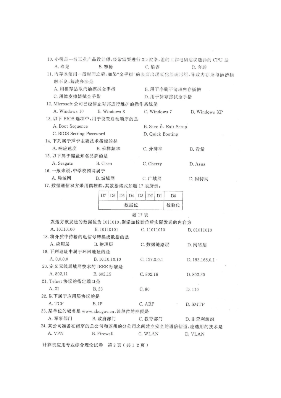 2025年计算机江苏对口单招文化综合理论试卷_第2页