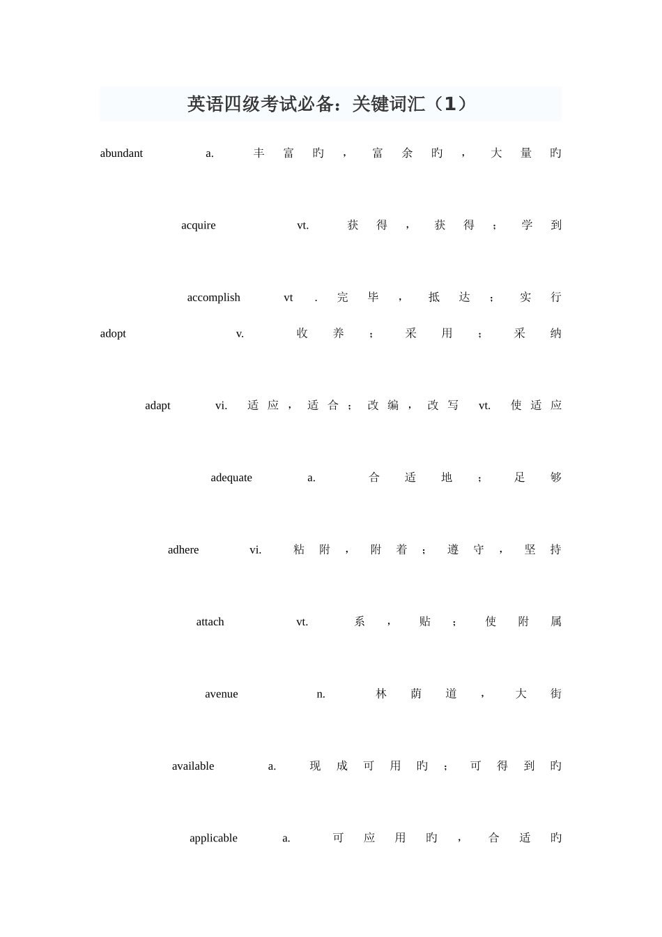 2025年英语四级考试核心词汇_第1页