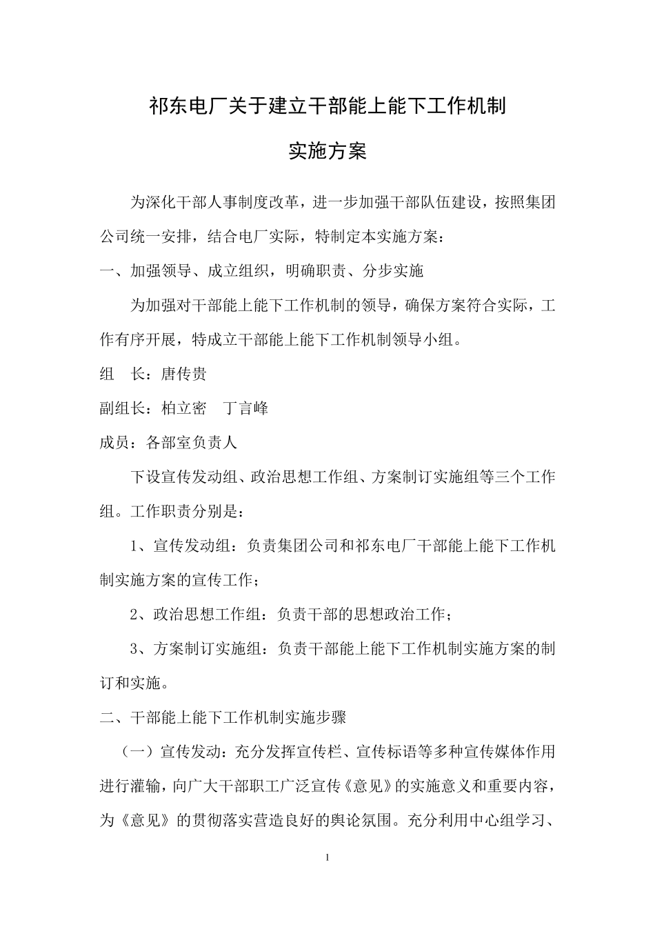 恒泰公司关于建立干部能上能下工作机制的实施方案_第1页
