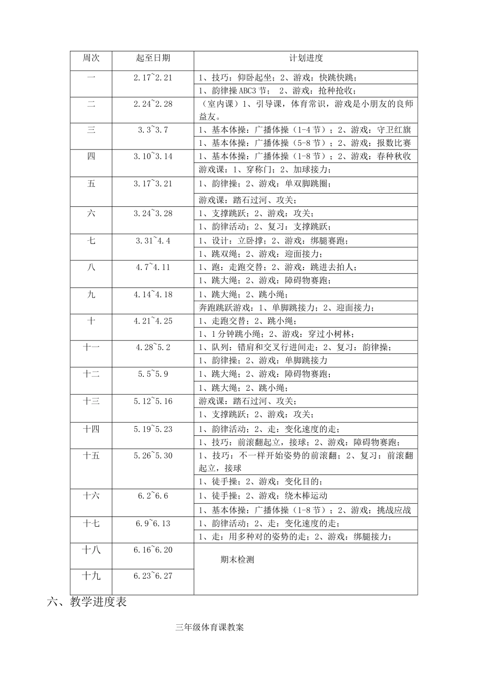 2025年小学三年级下册体育计划及教案全册详案_第2页