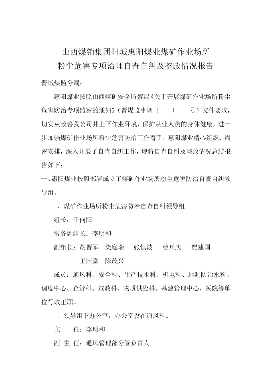 惠阳煤业粉尘自查自纠总结报告_第1页