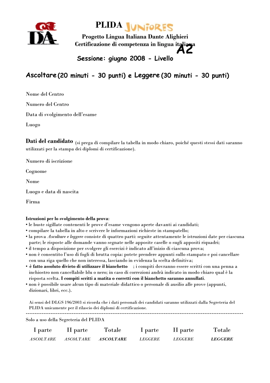 意大利语A2考试试卷_第1页