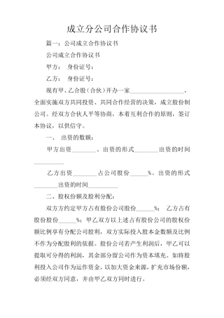 成立分公司合作协议书