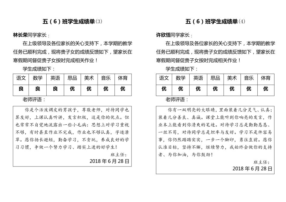 成绩单表格式(带评语)可直接打印_第2页