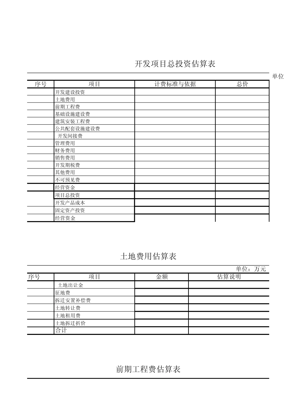 房地产项目投资估算各种表格_第1页