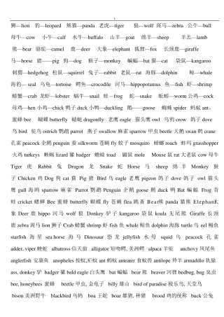 所有动物的单词