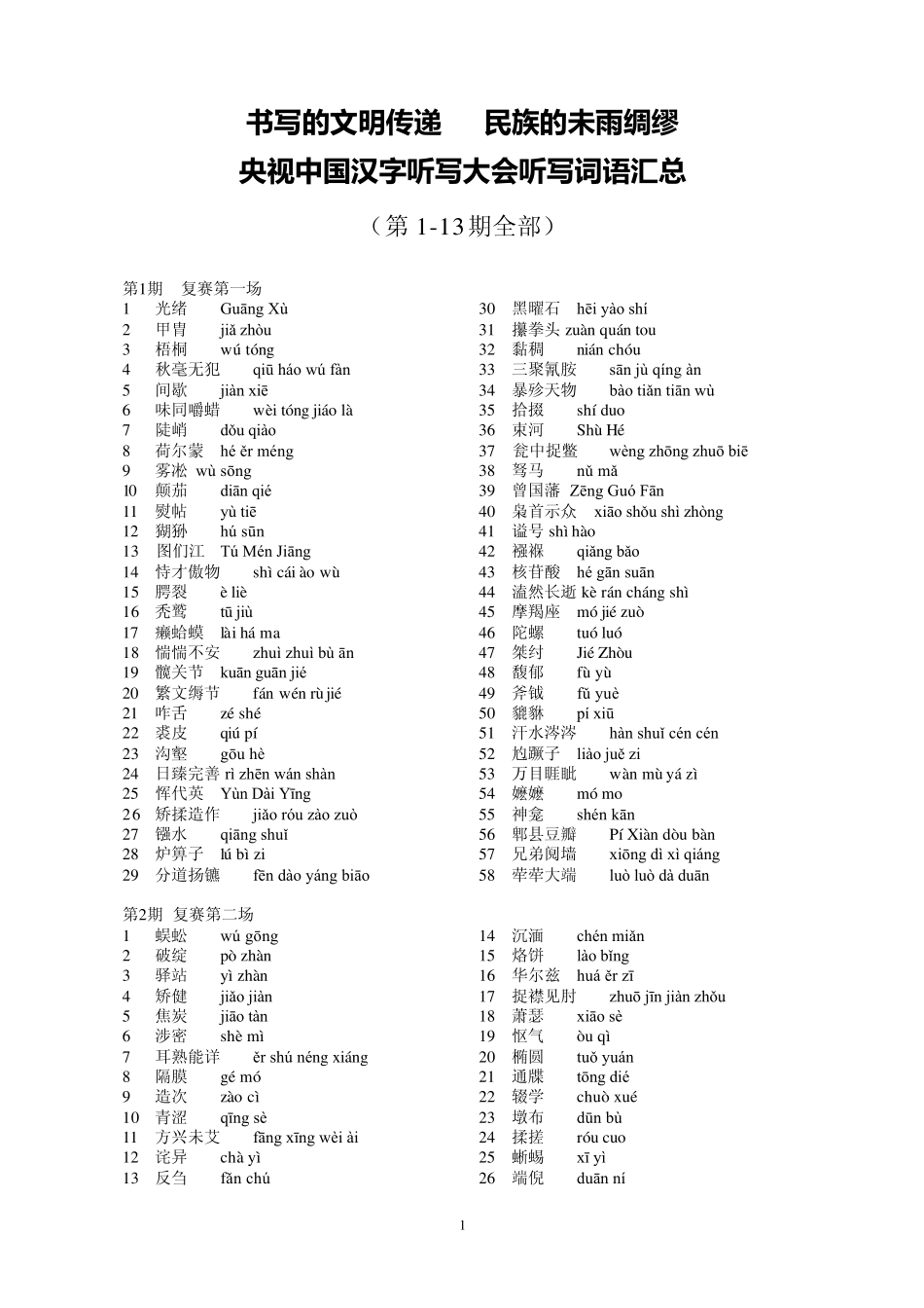 所有汉字听写大会听写词语汇总及拼音_第1页