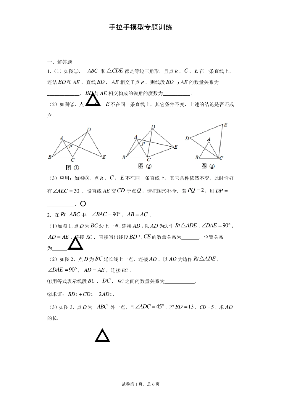 手拉手模型专题训练含解析_第1页