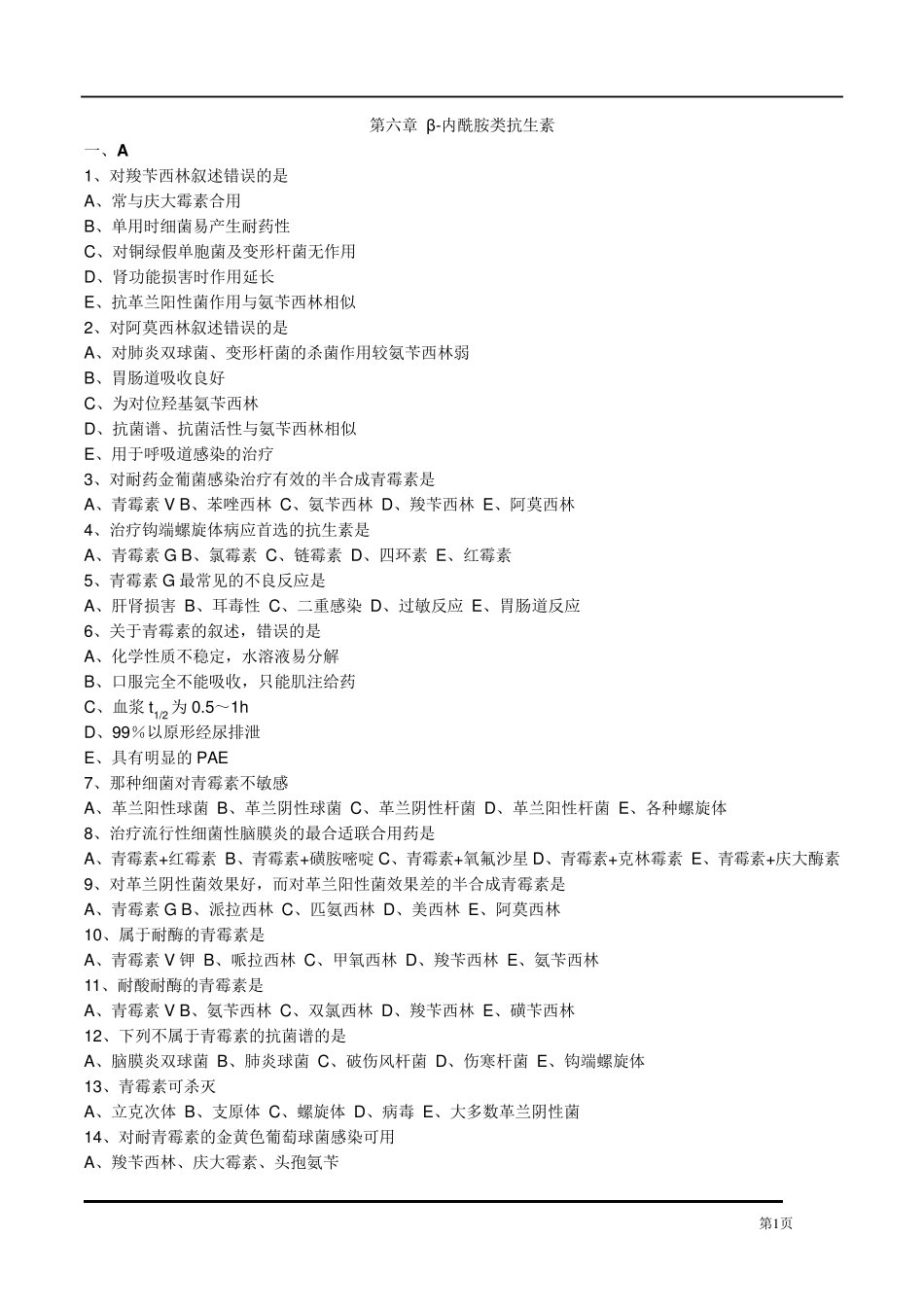 执业药师药理学第六章β内酰胺类抗生素习题及答案_第1页