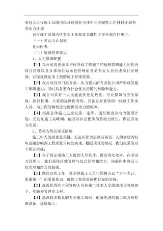 承包人自行施工范围内拟分包的非主体和非关键性工作材料计划和劳动力计划