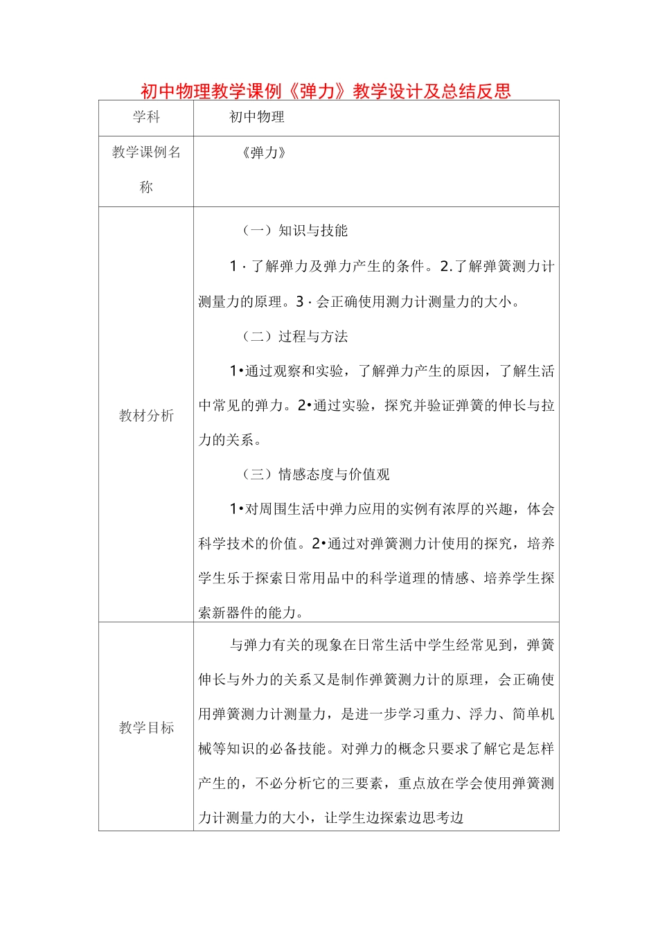 初中物理教学课例《弹力》课程思政核心素养教学设计及总结反思_第1页