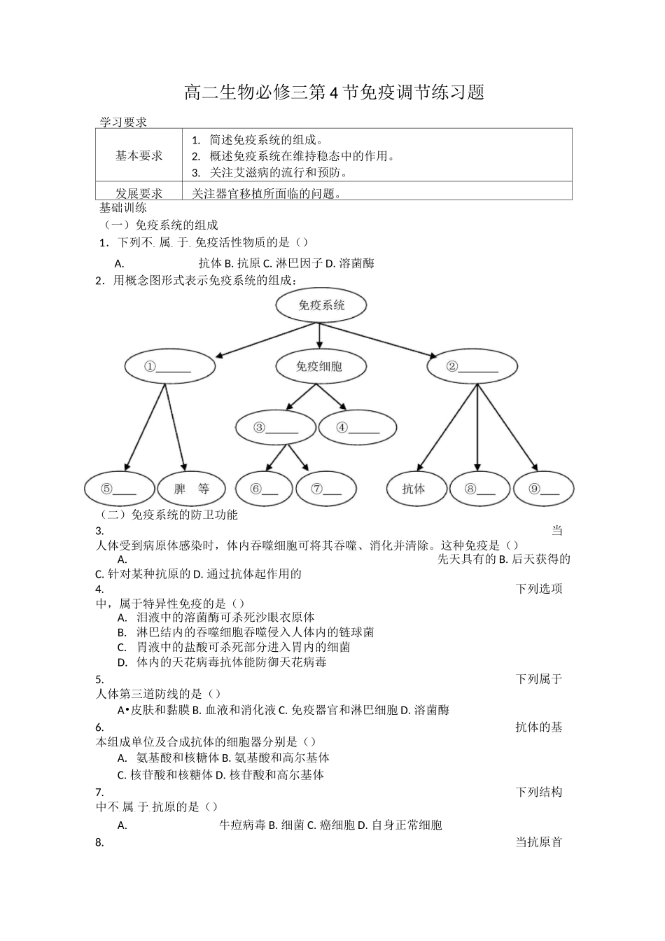 高二生物必修三免疫调节练习题及答案_第1页