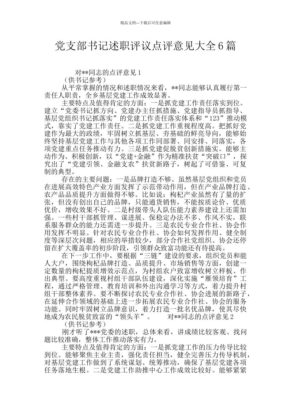 党支部书记述职评议点评意见大全6篇_第1页