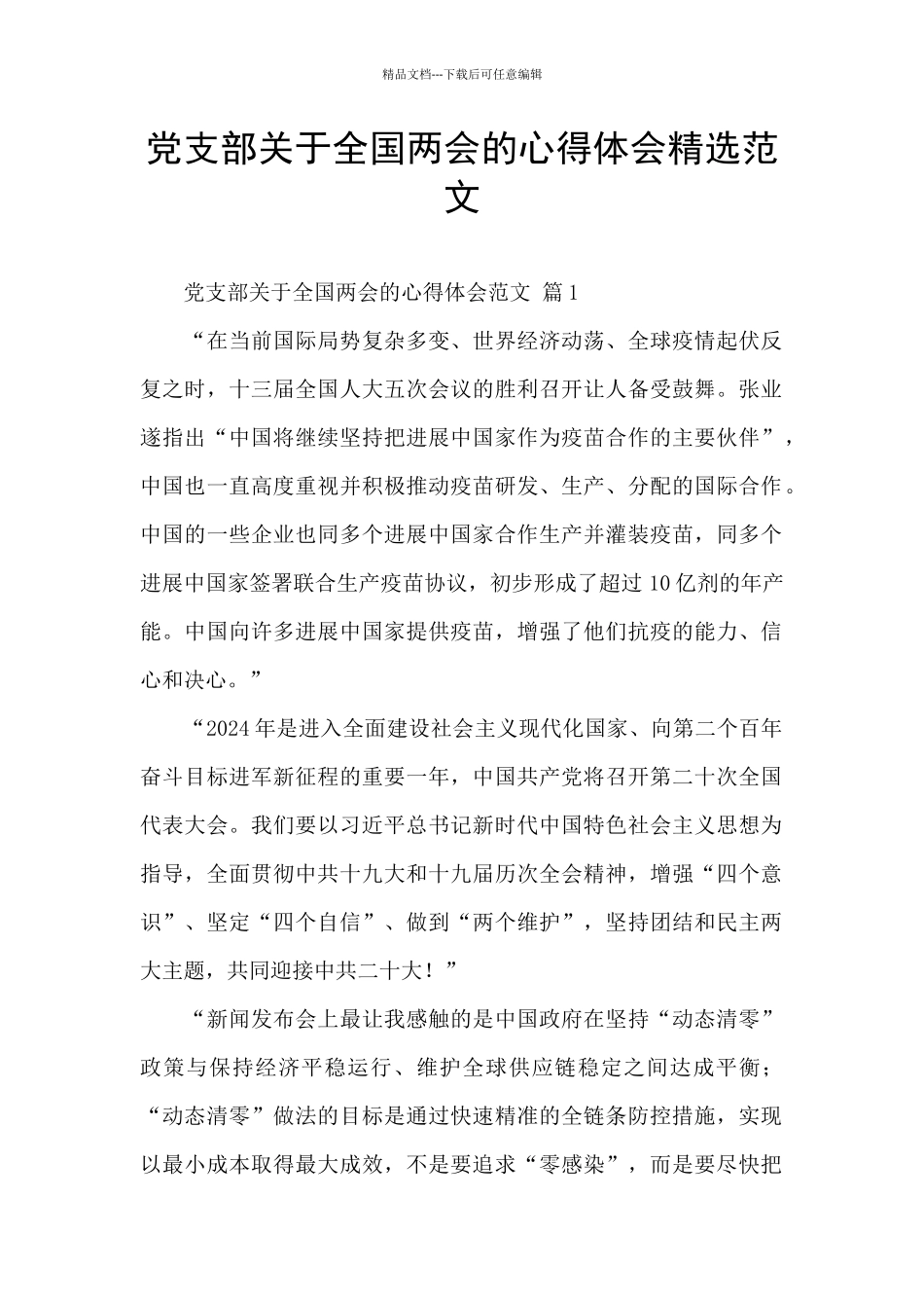 党支部关于全国两会的心得体会精选范文_第1页