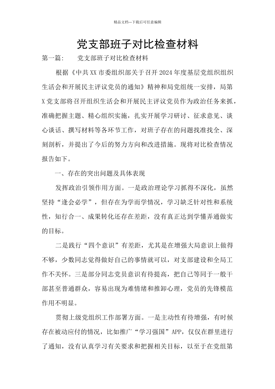 党支部班子对照检查材料_第1页