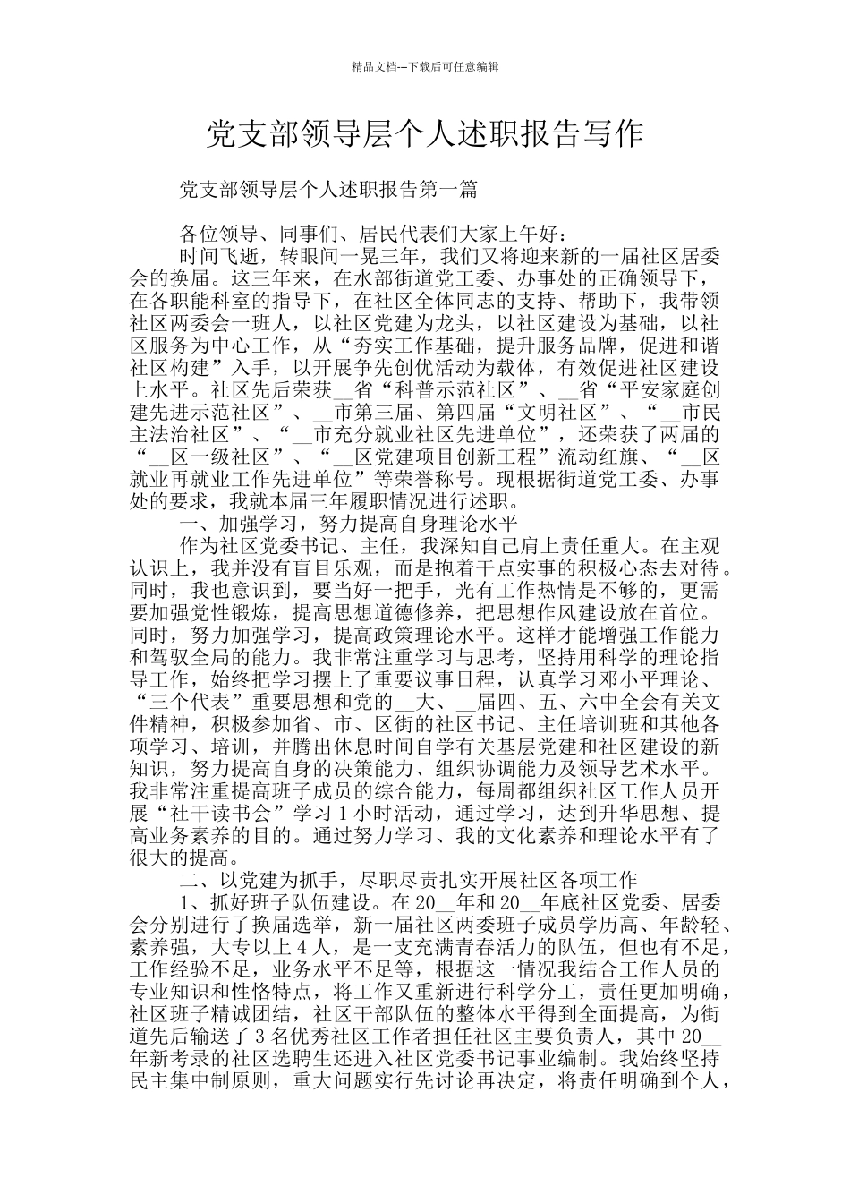 党支部领导层个人述职报告写作_第1页