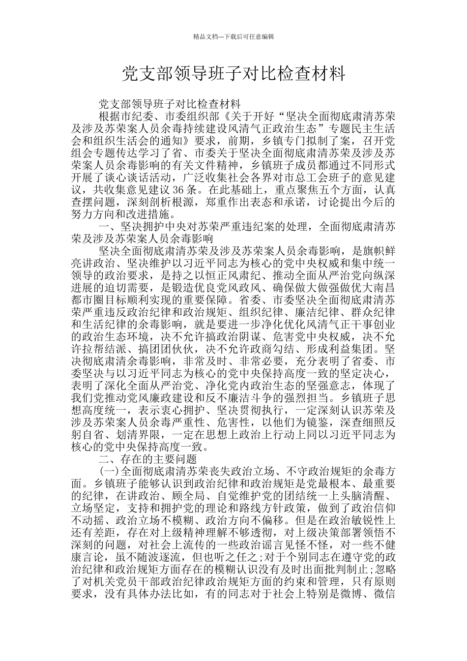 党支部领导班子对照检查材料_第1页