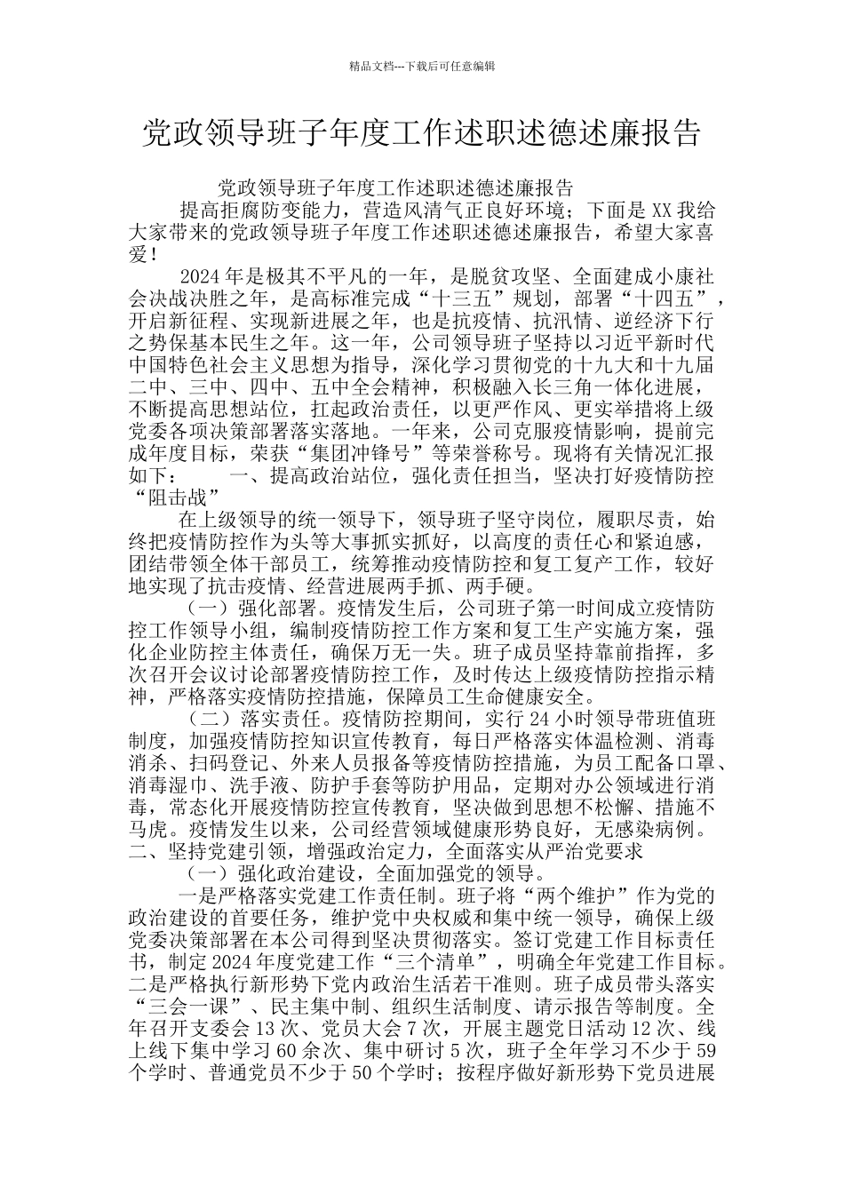 党政领导班子年度工作述职述德述廉报告_第1页