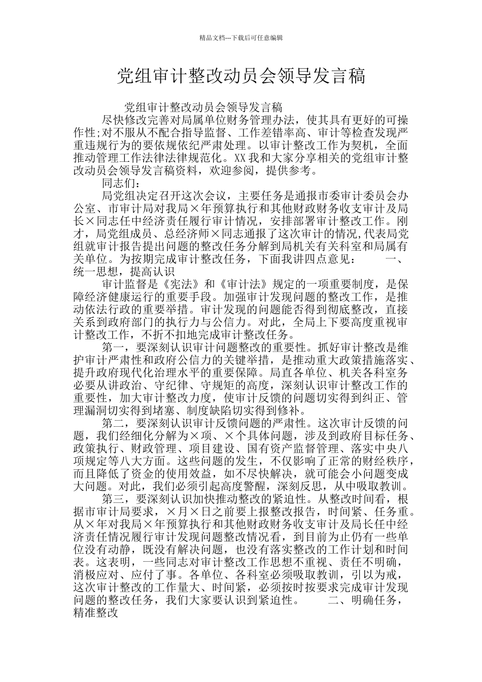 党组审计整改动员会领导发言稿_第1页
