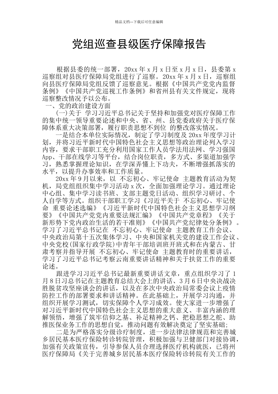 党组巡查县级医疗保障报告_第1页