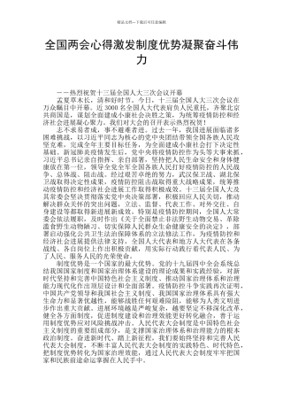 全国两会心得激发制度优势凝聚奋斗伟力