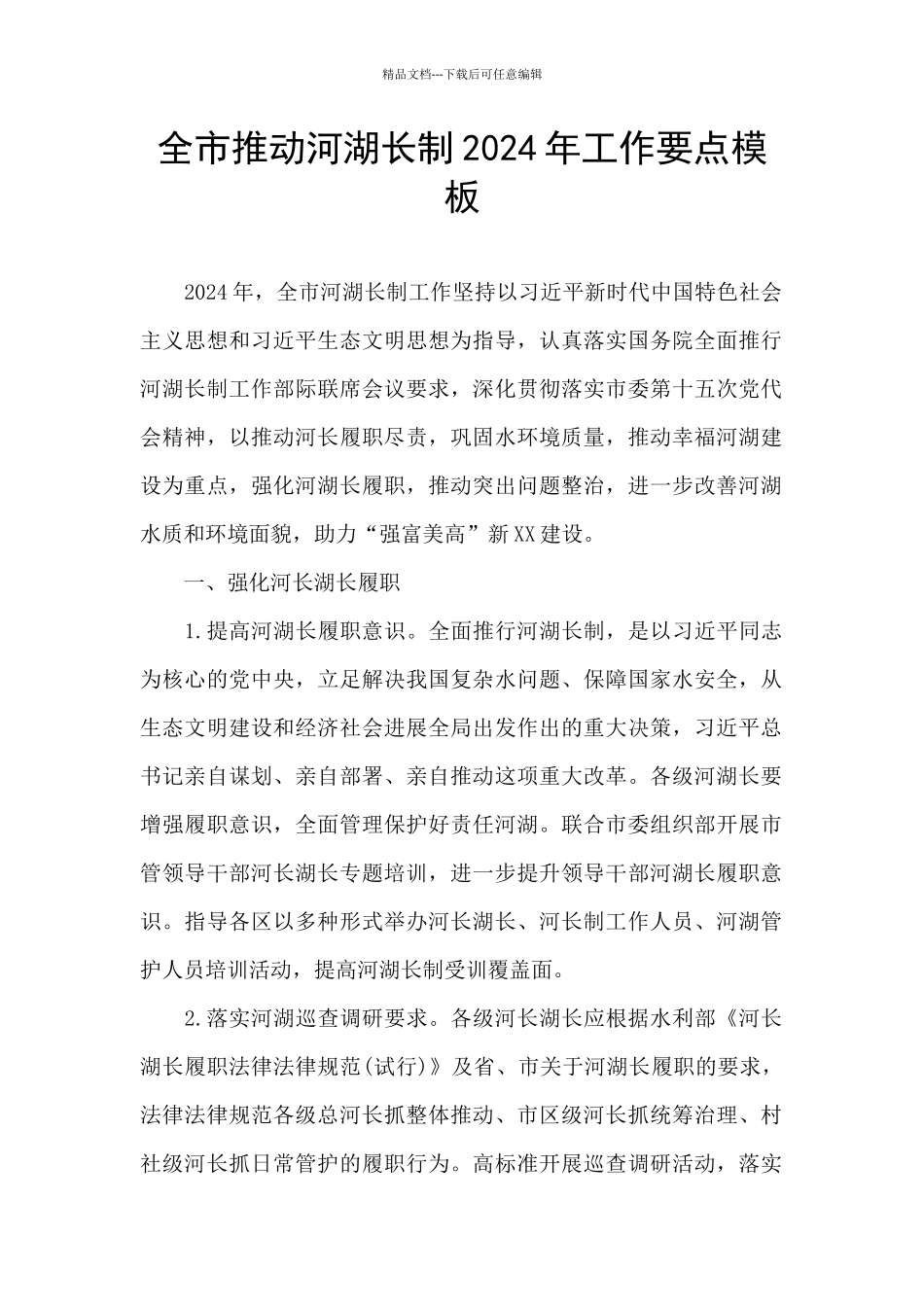 全市推进河湖长制2024年工作要点模板_第1页