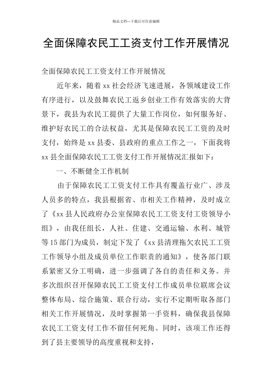 全面保障农民工工资支付工作开展情况_第1页