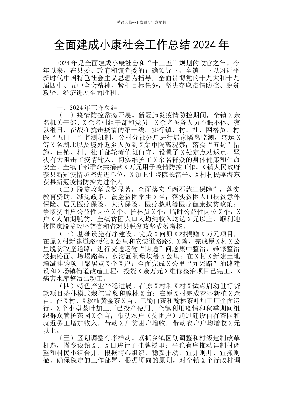 全面建成小康社会工作总结2024年_第1页