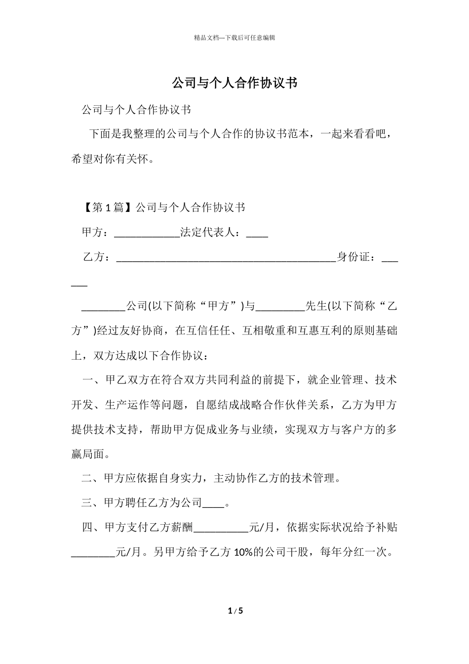 公司与个人合作协议书_第1页
