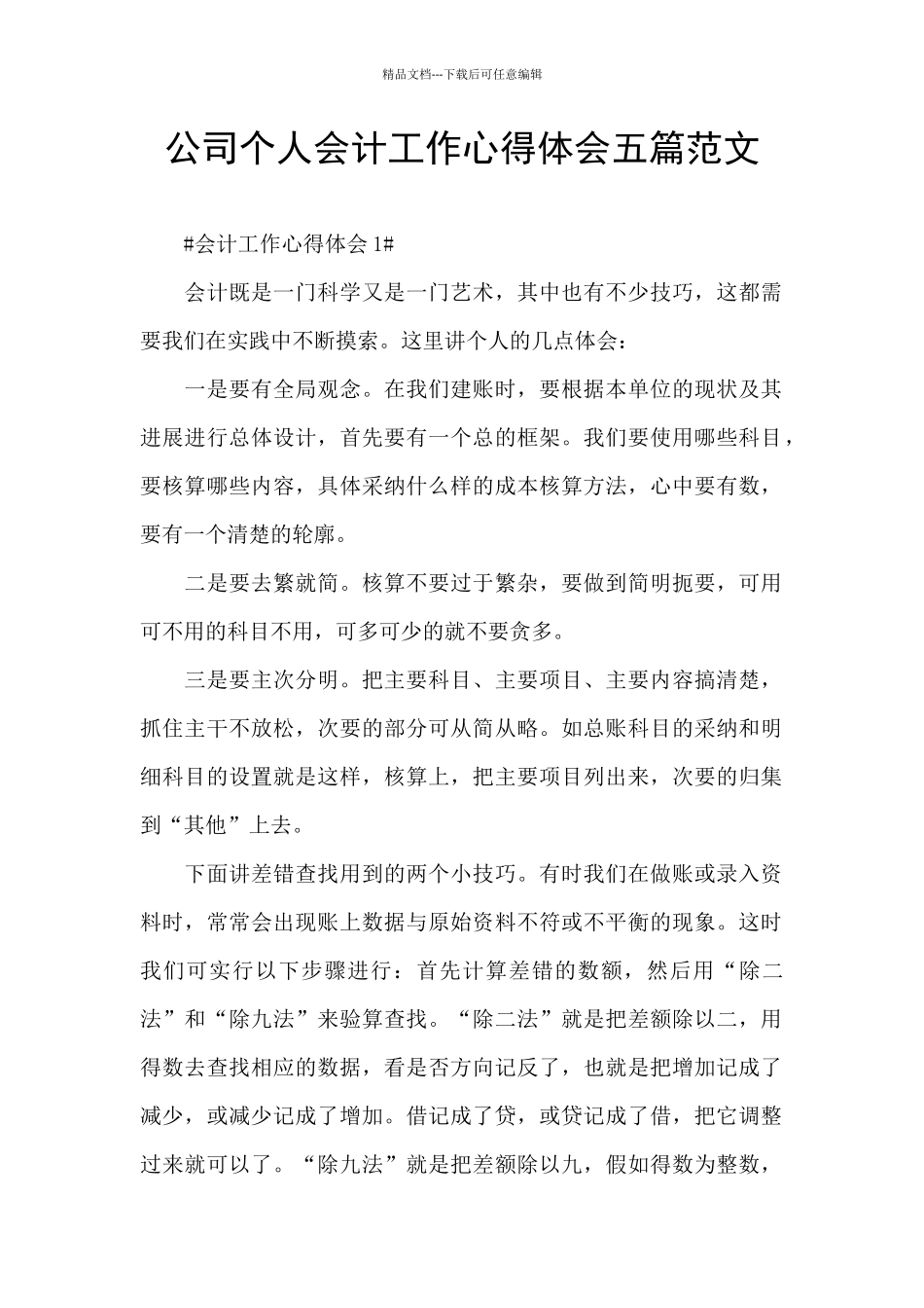 公司个人会计工作心得体会五篇范文_第1页