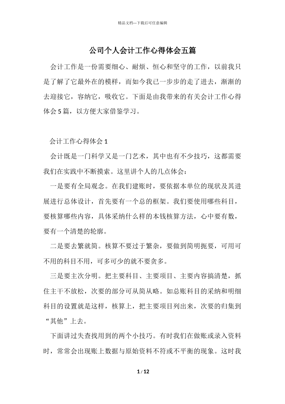 公司个人会计工作心得体会五篇_第1页