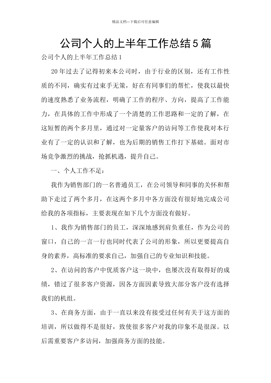 公司个人的上半年工作总结5篇_第1页