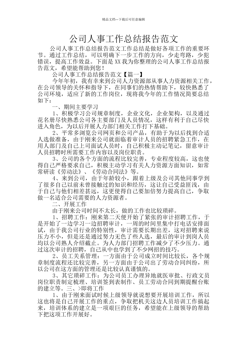 公司人事工作总结报告范文_第1页