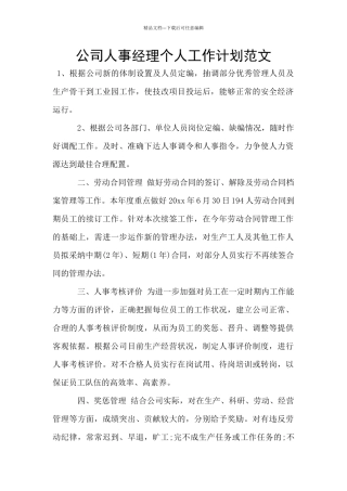 公司人事经理个人工作计划范文