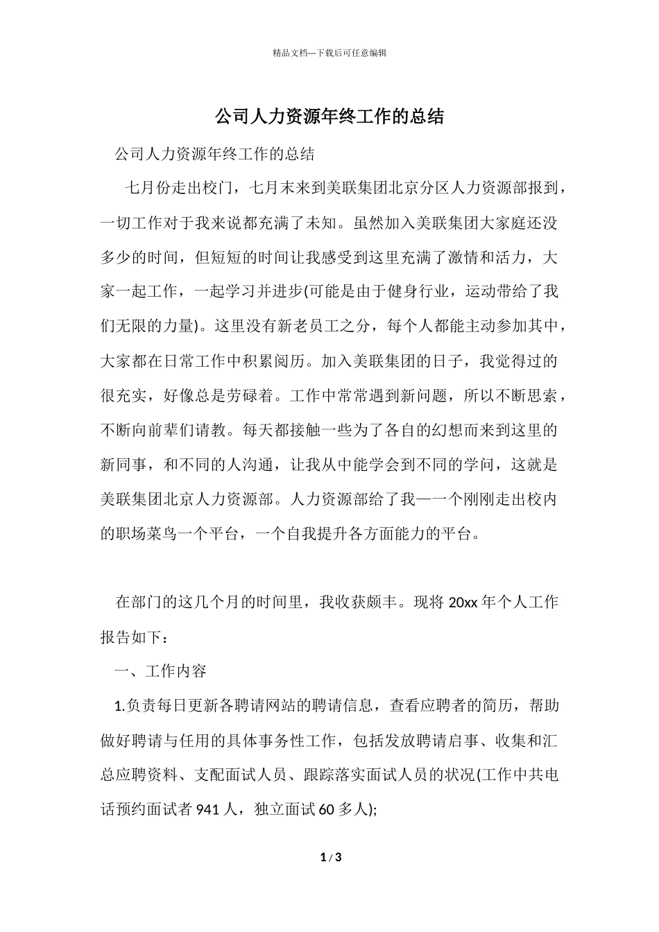 公司人力资源年终工作的总结_第1页