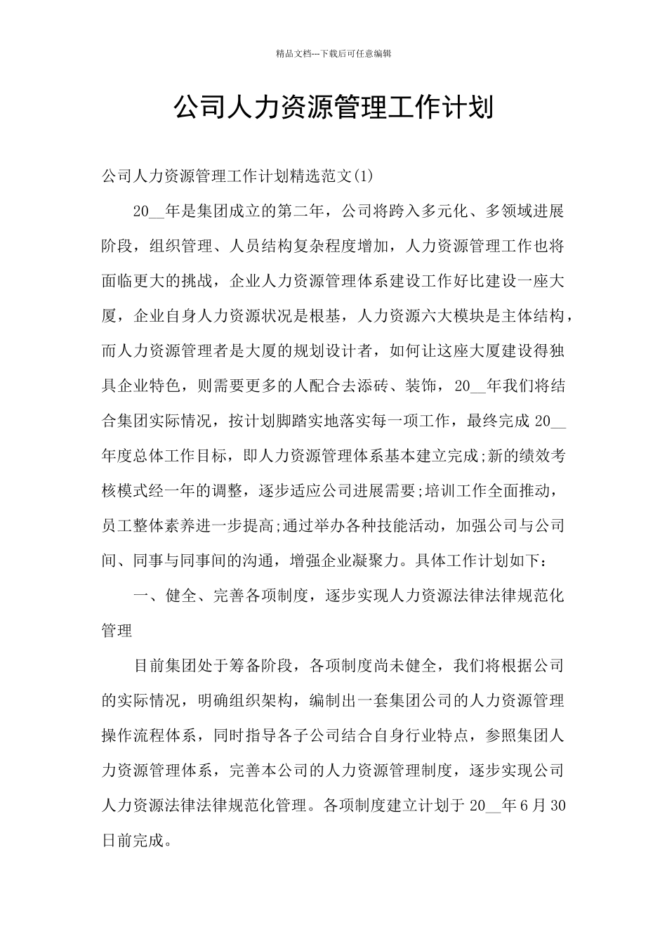 公司人力资源管理工作计划_第1页