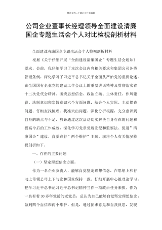 公司企业董事长经理领导全面建设清廉国企专题生活会个人对照检视剖析材料