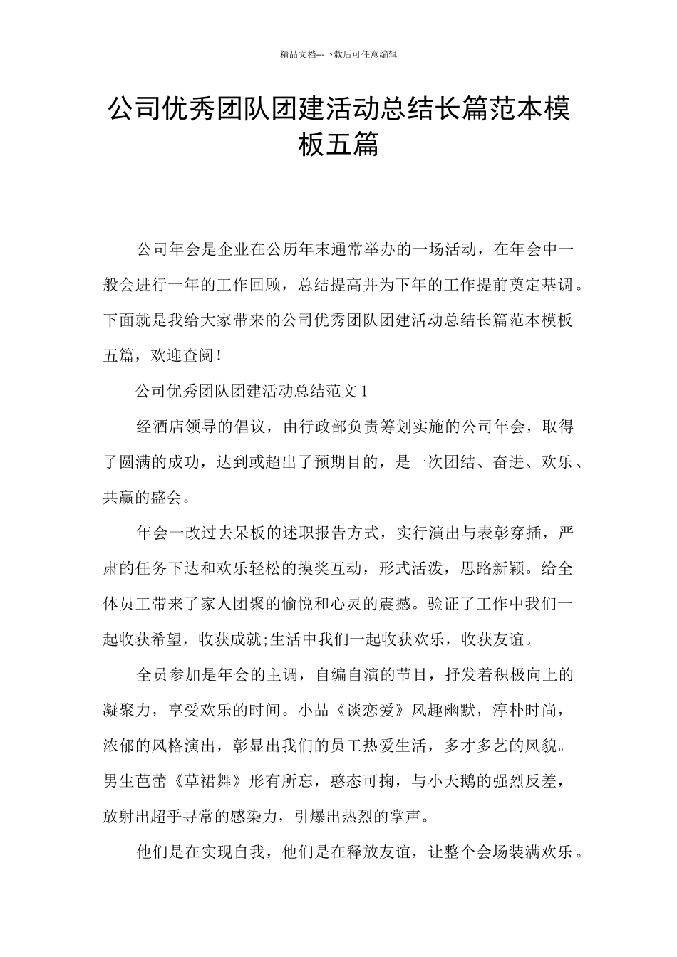 公司优秀团队团建活动总结长篇范本模板五篇_第1页