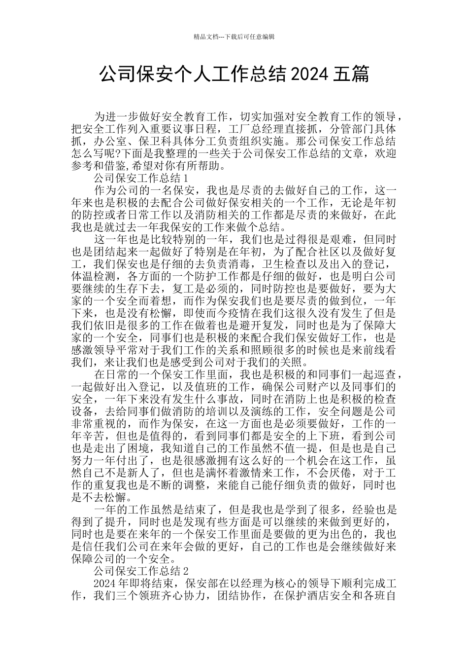公司保安个人工作总结2024五篇_第1页