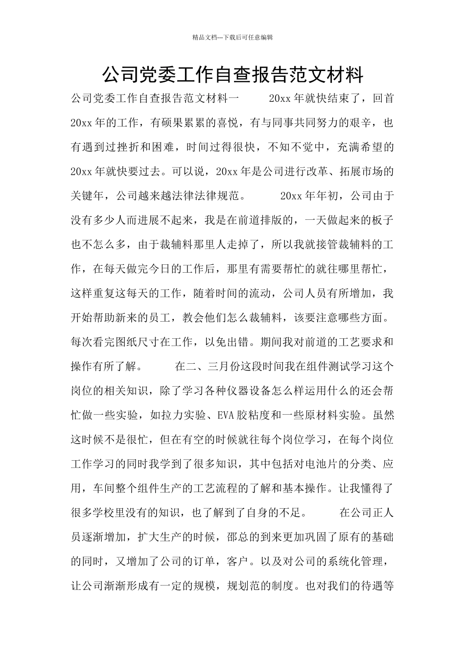公司党委工作自查报告范文材料_第1页