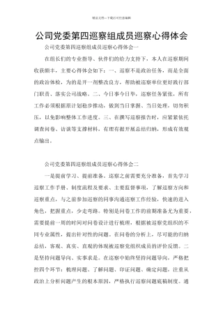 公司党委第四巡察组成员巡察心得体会