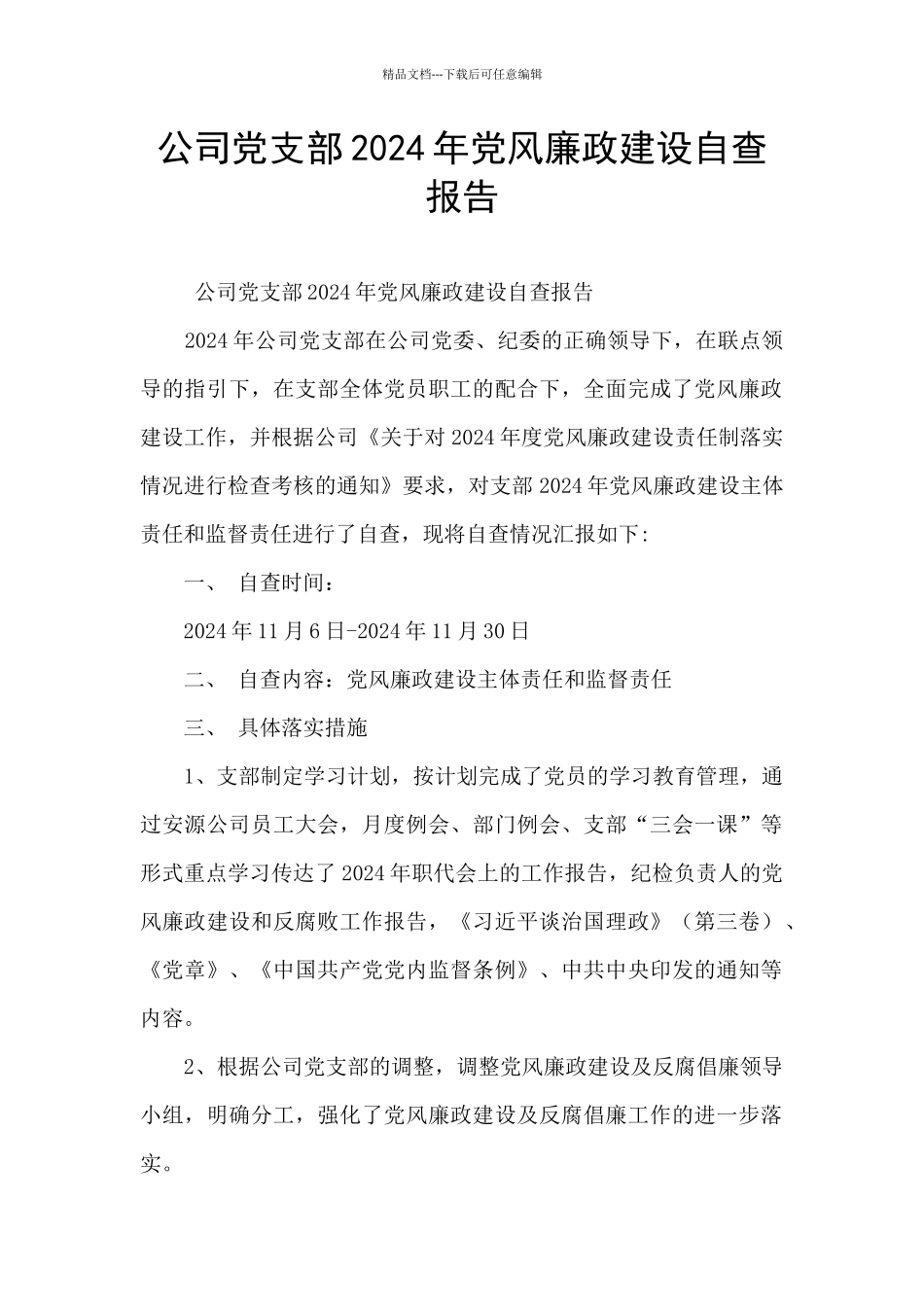 公司党支部2024年党风廉政建设自查报告_第1页