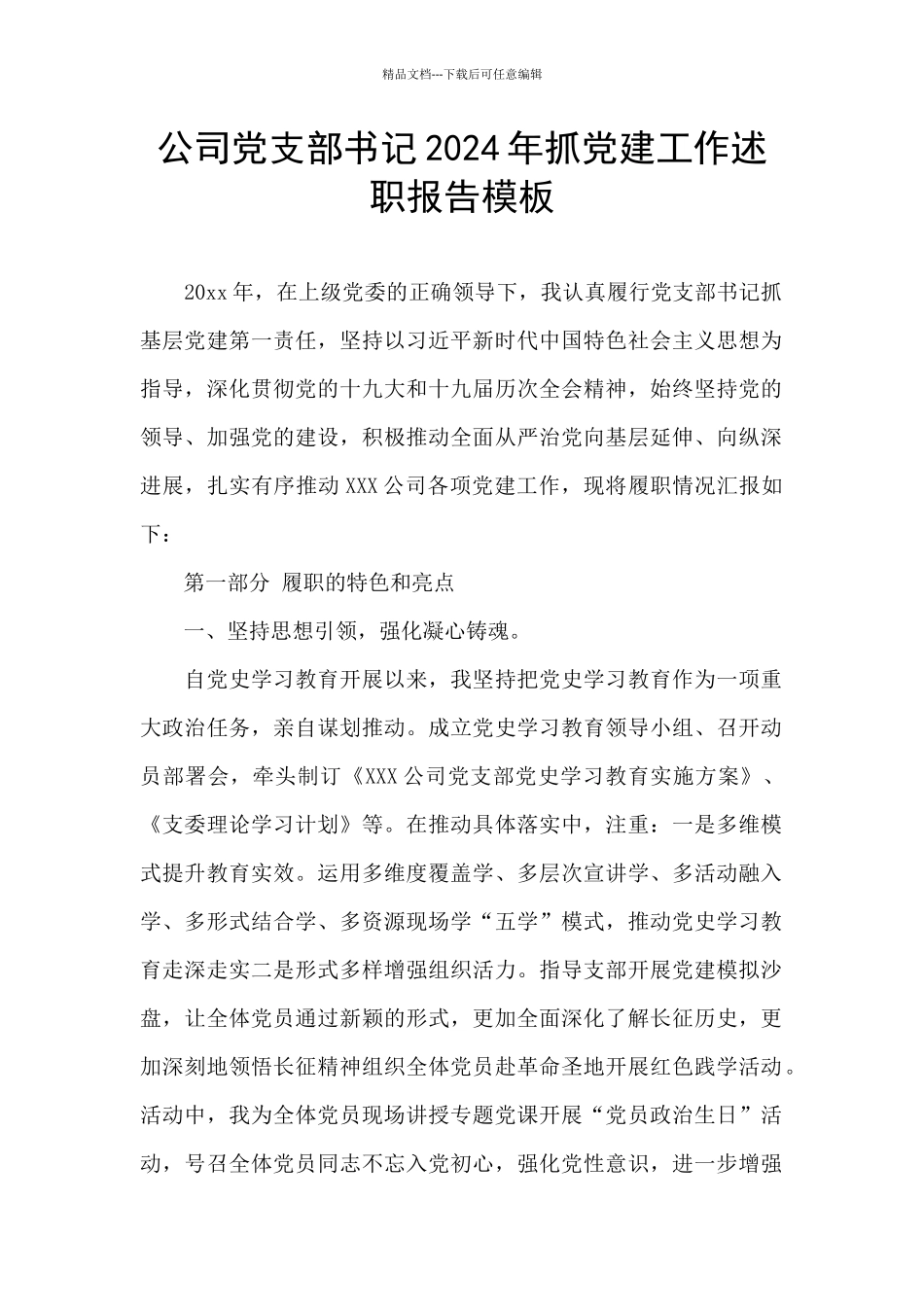 公司党支部书记2024年抓党建工作述职报告模板_第1页