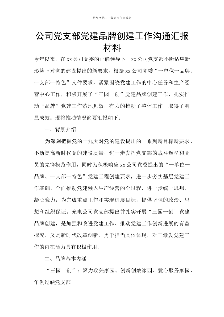 公司党支部党建品牌创建工作交流汇报材料_第1页