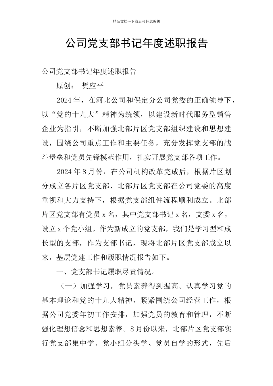 公司党支部书记年度述职报告_第1页