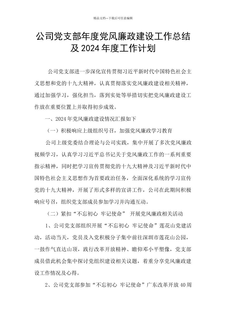 公司党支部年度党风廉政建设工作总结及2024年度工作计划_第1页